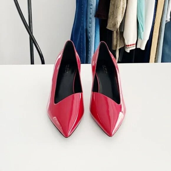 Via Spiga Patent Leather Pointed Toe Kitten Heel Pumps - Picture 5 of 8